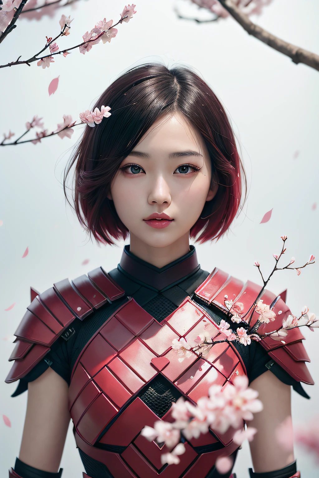 beautiful japanese young woman, wearing ninja armor, thick symmetrical features, very short hair, background is cherry blossoms, pink aura, red lips, octane render,