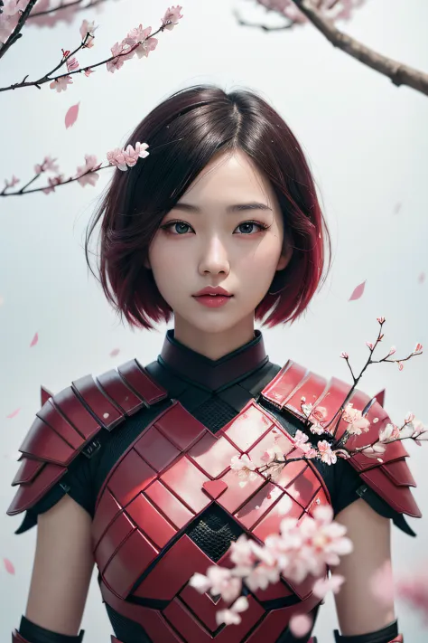 beautiful japanese young woman, wearing ninja armor, thick symmetrical features, very short hair, background is cherry blossoms,...