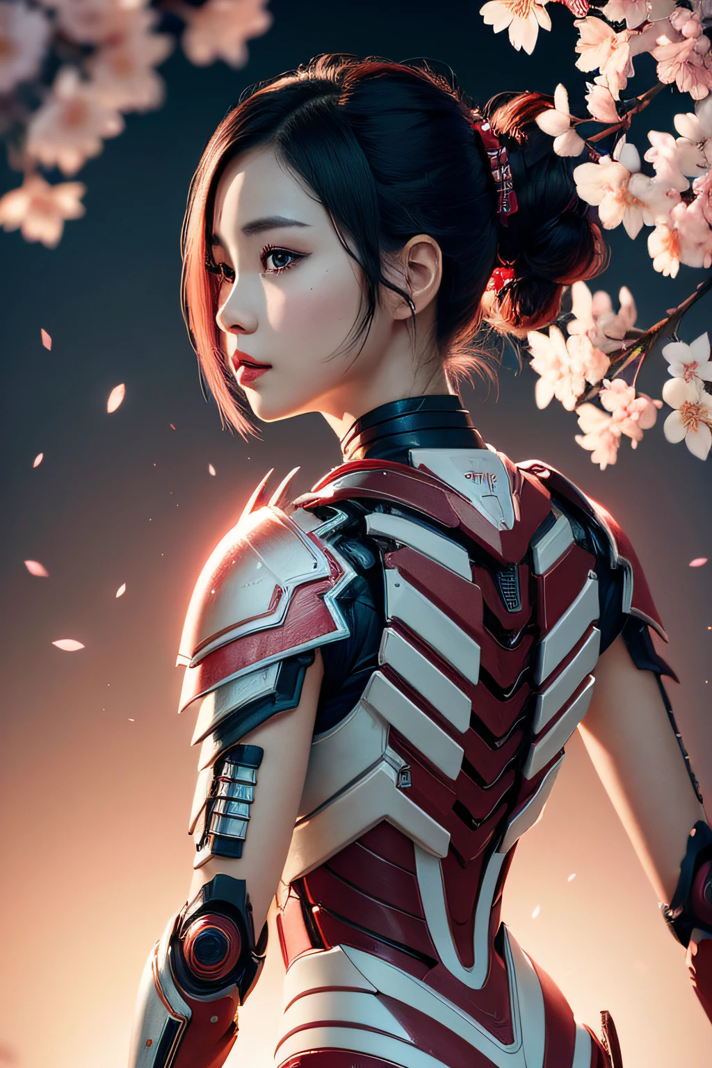 beautiful japanese young woman, wearing cyborg armor, thick symmetrical features, very short hair, background is cherry blossoms, pink aura, red lips, octane render, back view,