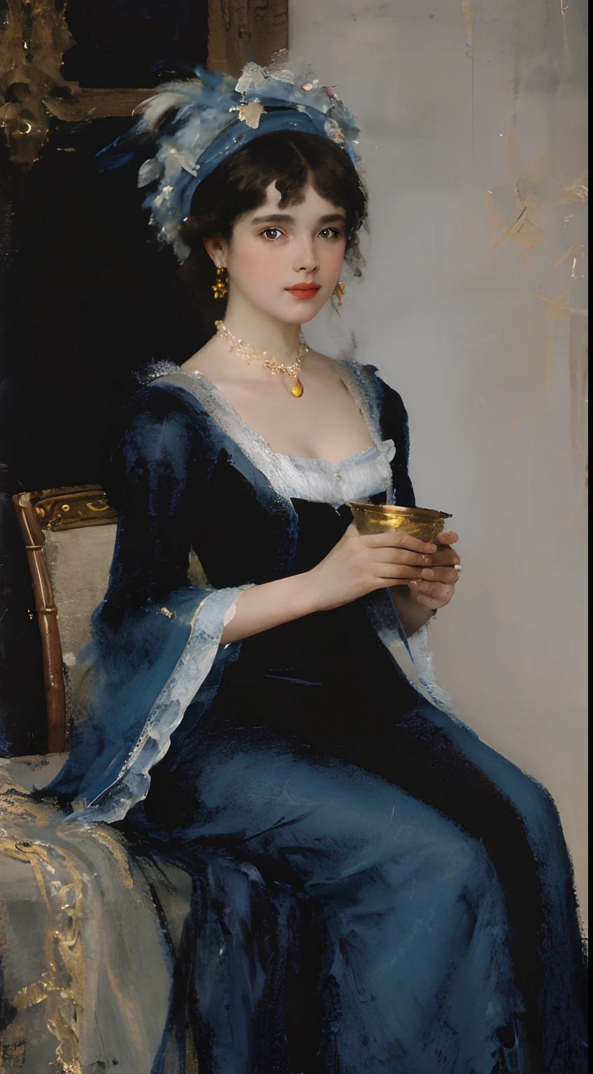 Gemälde einer Frau in einem blauen Kleid und Hut mit Federn, ein Kunstgemälde, inspiriert von Konstantin Makovsky, Trends bei CG Society, Fantasy-Kunst, Kunst von Edouard Bisson, elegante digitale Malerei, ( ( Konstantin Razumov ) ), eine schöne viktorianische Frau, Viktorianische Dame, WLOP Malstil, elegante Frau, schöne Charaktermalerei