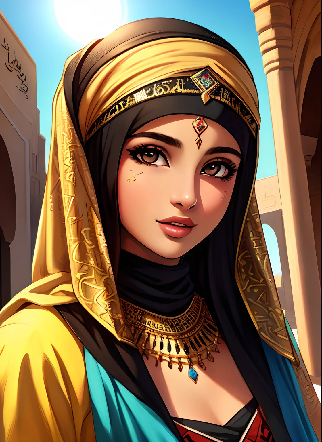 (Masterpiece,best quality,high quality,ultra-realistic, Extremely detailed:1.2),vibrant colors,female Arab teenager, (Arabic face features:1.1),sunny day, sharp focus