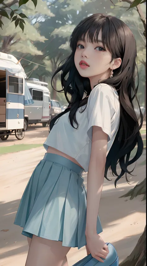 ((Lisa Blackpink)), tiny white t-shirt, tiny blue pleated skirt, vagina showing, black high heels, close-up from thighs to face, shot from below, very fair skin, very long hair, wavy hair, camping, Forest, photorealistic, Indirect lighting, volumetric ligh...