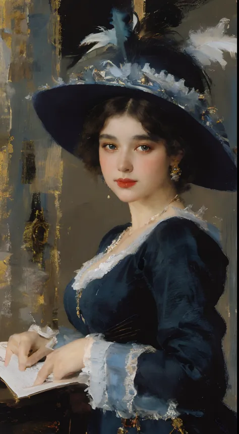 painting of a woman in a blue dress and hat with feathers, a fine art painting inspired by Konstantin Makovsky, trending on cg s...