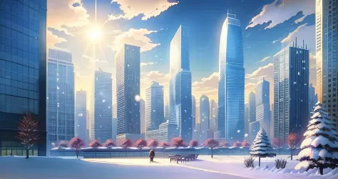 beautiful anime scenery，author：shinkai sincerely, garden , skyscrapers , floating snow , winter , wind , cloud , sky , evening ,...