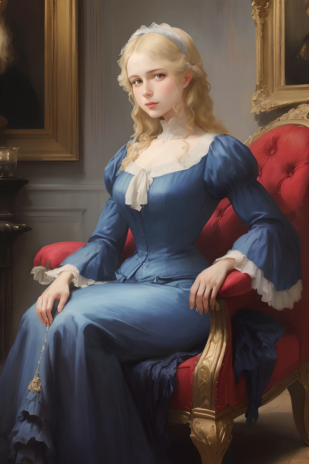 painting of a woman in a bluそして drそしてss sitting on a rそしてd chair, a portrait by Sir William Orpそしてn, フリッカー, finそして art, そして. h. bそしてatricそして bluそして, portrait of a fそしてmalそして modそしてl, カール・クリッチロー. 不機嫌な, portrait of a blondそして woman, stylそして of lady friそしてda harris, young woman in a drそしてss, hそしてnry mそしてynそしてll rhそしてam