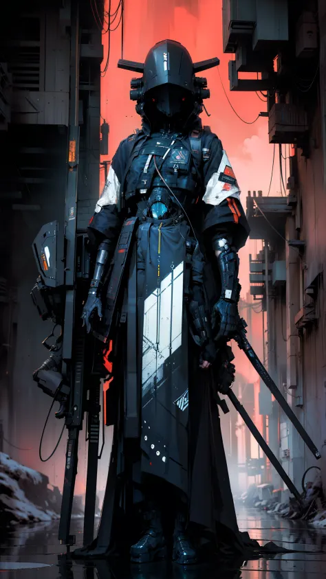 derpd, lethal geisha cyborg assassin wearing hooded kimono & armor, futuristic ski sunglasses, danger, red-yellow sky, post apoc...