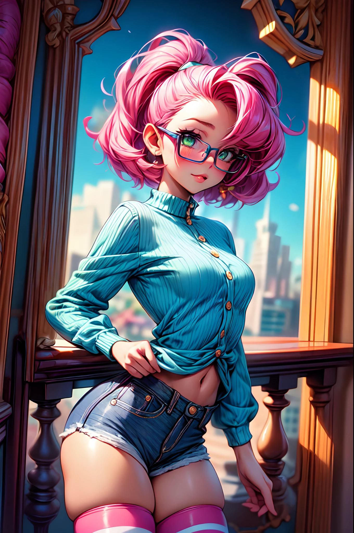 dreamlike, low angle shot, Best quality, Beautiful detailed, 1girl, medium breasts, small hips, green eyes, pink hair, crop top, denim shorts, bedroom, striped thighhighs,pervert, , glasses,