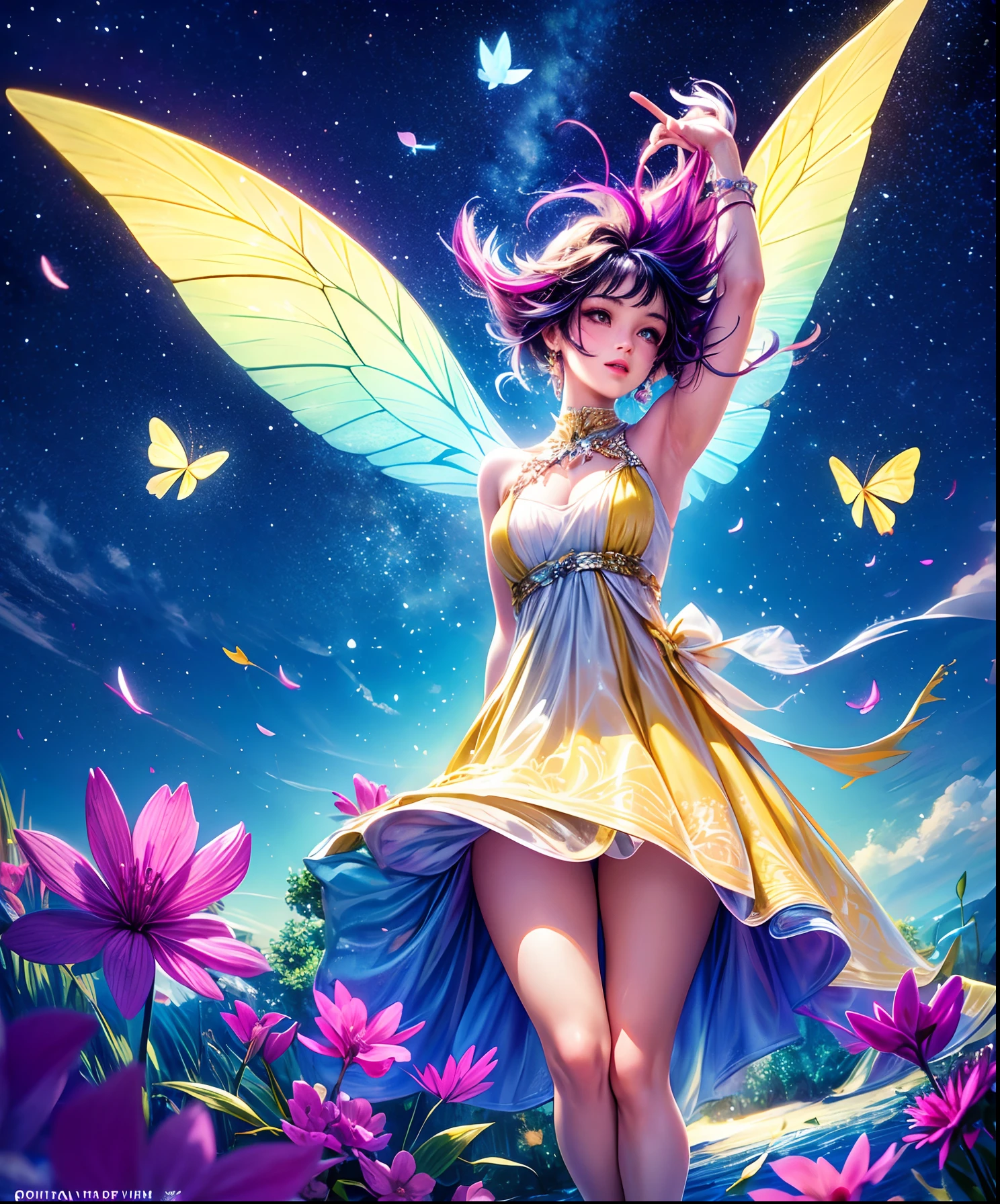 Cute girl character describes a scene lying on water with grassy butterflies flying around, Looking up at the starry sky. Surround her with colorful nebulae and her favorite constellations.