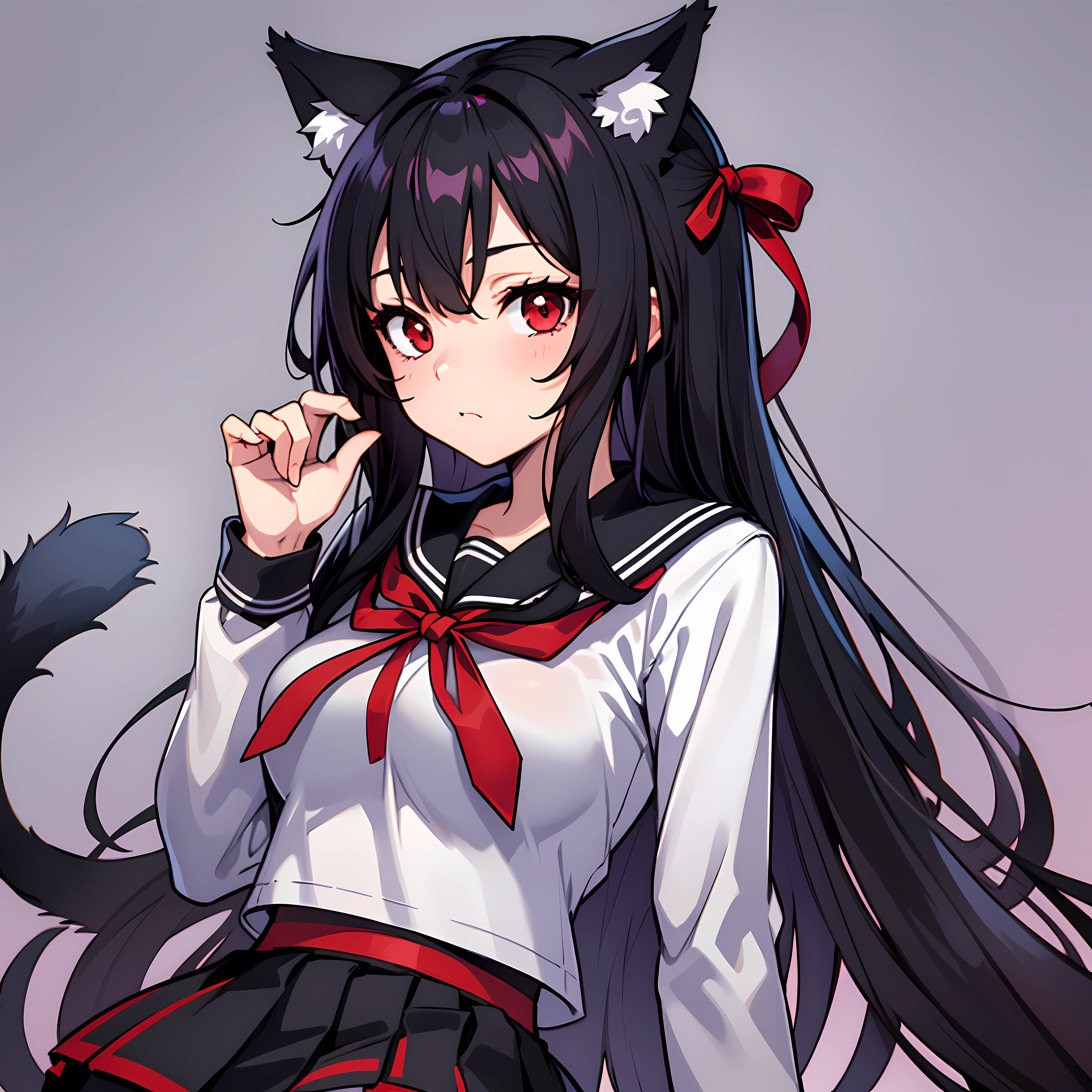 1woman, long black haired, nekomimi, slim build, red eyes, sailor uniform, black sailor blouse, black sailor skirt, red ribbon, black stockings, masterpiece, nice hands, perfect hands, cat ears, black fur tail