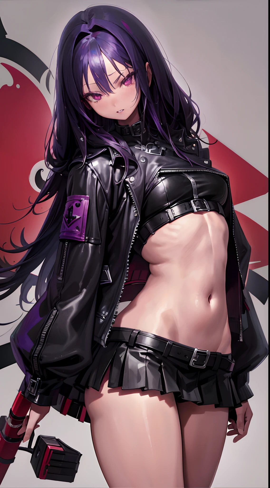 Adult woman, black skin, long purple hair, red eyes, purple top, leather jacket, leather skirt, wide hips, small waist, open belly, open breasts, black lipstick, Masterpiece, hiquality