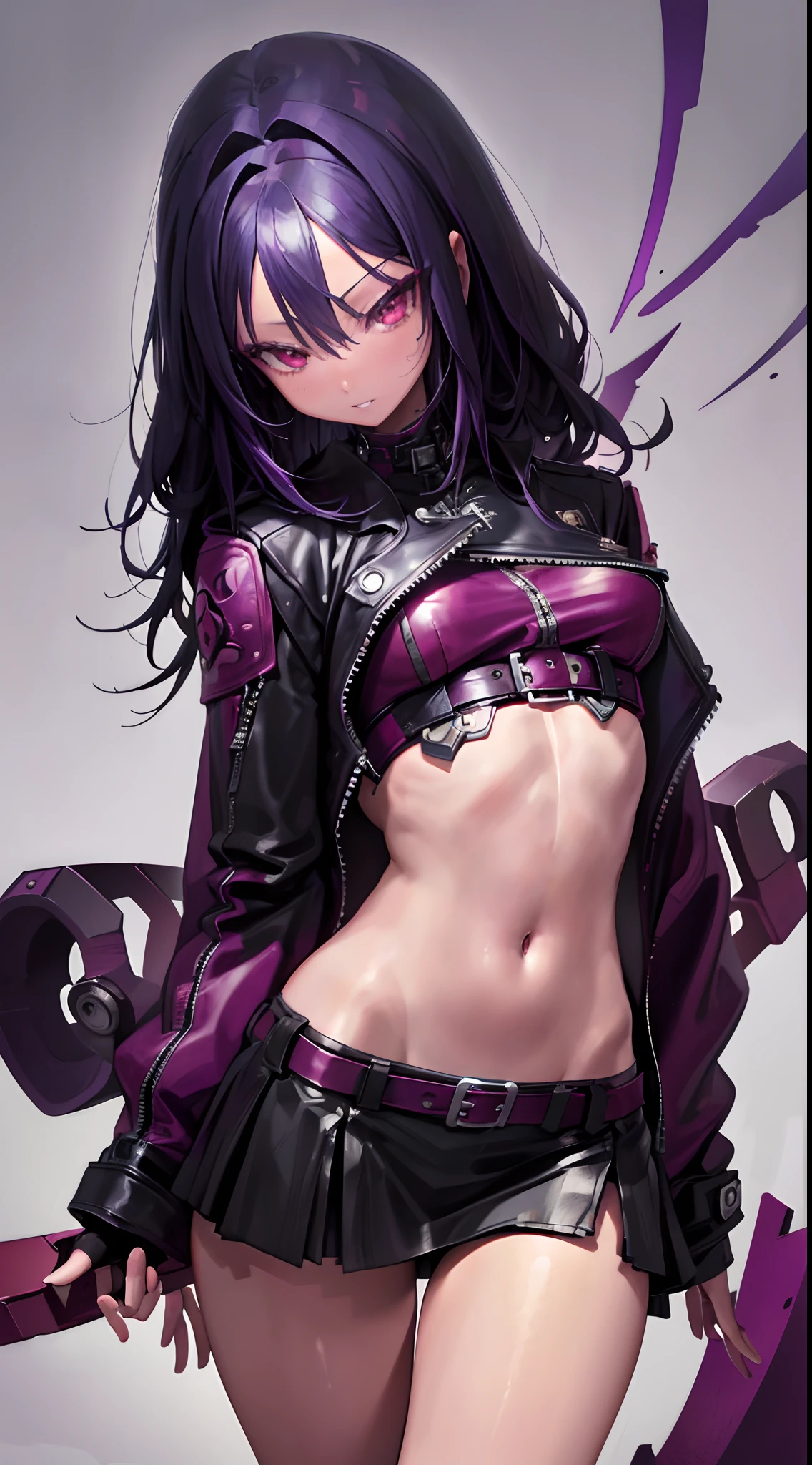 Adult woman, black skin, long purple hair, red eyes, purple top, leather jacket, leather mini skirt, wide hips, small waist, open belly, open breasts, black lipstick, Masterpiece, hiquality, perfect fingers, perfect limbs