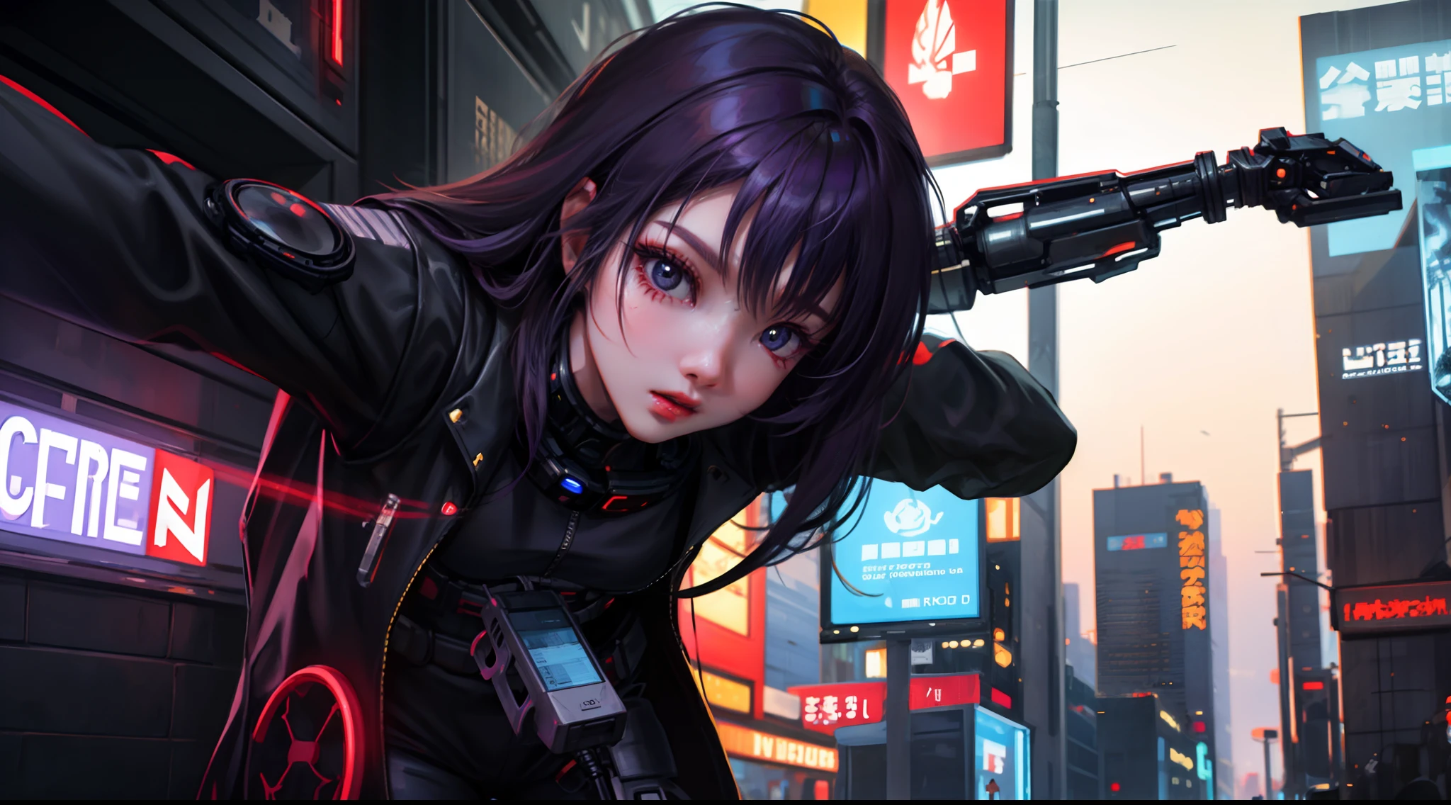 1 garota, tronco, foco único, ciborgue de elite, Traje inspirado em Motoko Kusanagi, especialista em segurança cibernética, (cenário da cidade cyberpunk: 1.4), (ciborgue de elite: 1.3), características cibernéticas, aura determinada, [profundidade de campo, iluminação ambiente, primeiro plano do passado cibernético, paisagem urbana futurista], O prefeito, especialista em segurança cibernética, ciborgue de elite, (cibercérebro), (infiltração cibernética: 1.2), Detalhes intrincados, iluminação aprimorada.