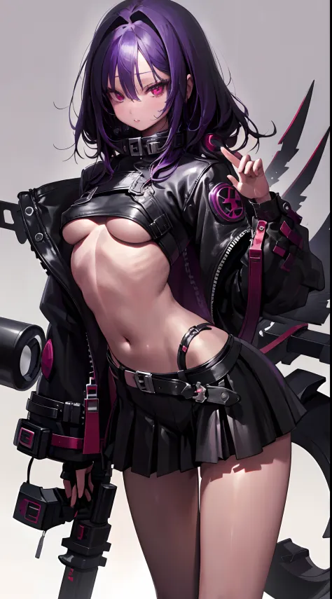 Adult woman, black skin, long purple hair, red eyes, purple top, leather jacket, leather skirt, wide hips, small waist, open belly, open breasts, black lipstick, Masterpiece, hiquality