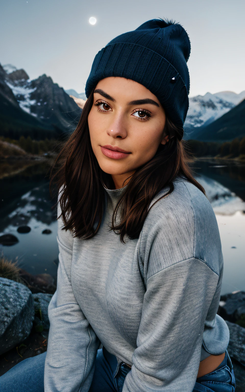 photorealistic, best quality, hyper detailed, beautiful woman, selfie photo, solo, wearing pullover,blue jeans, trainers, outdoors, (night), mountains, real life nature, stars, moon, (cheerful, happy), sleeping bag, gloves, sweater, beanie, flashlight, forest, rocks, river, wood, smoke, fog, clear sky, analog style, looking at viewer, skin texture, film grain, close up, ultra high res, best shadow, RAW, instagram LUT