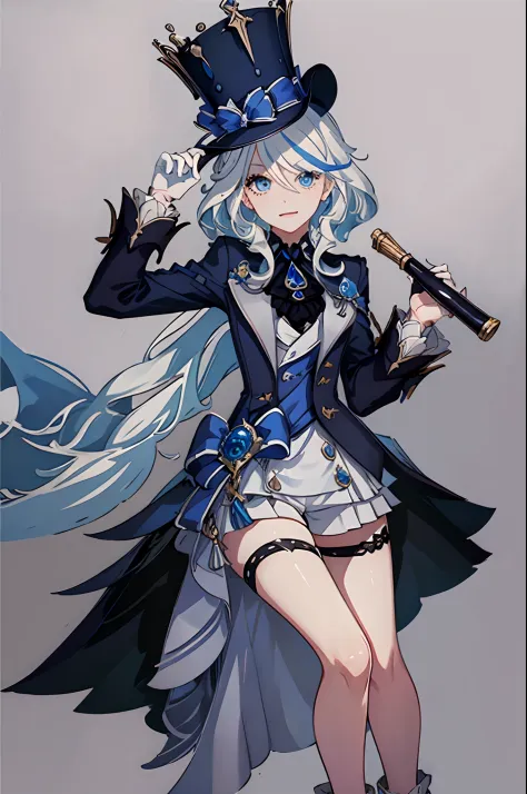 white hair,streaked hair,blue hair, blue eyes, top hat, masterpiece, best quality, girl, solo, bishoujo, official art, no background, full body shot