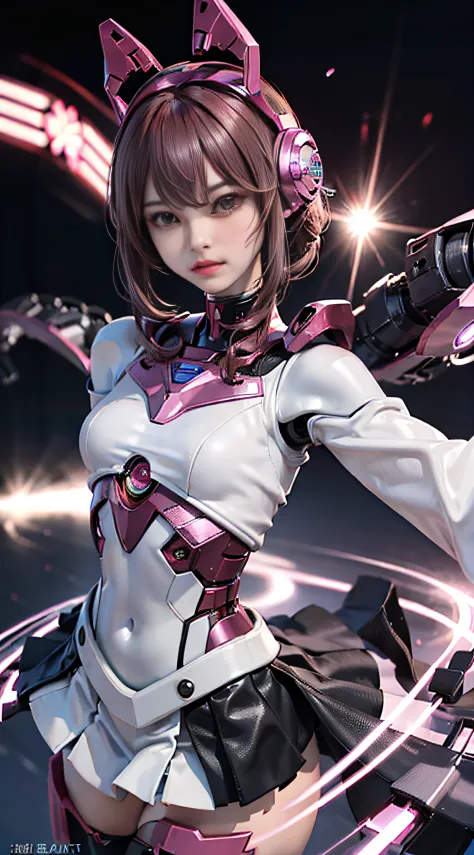 (photorealsitic:1.4)、onegirl、(top-quality),(hyperdetailed face)、(super well-formed face)、((robot parts))、(cyborg girl)、(pink the...