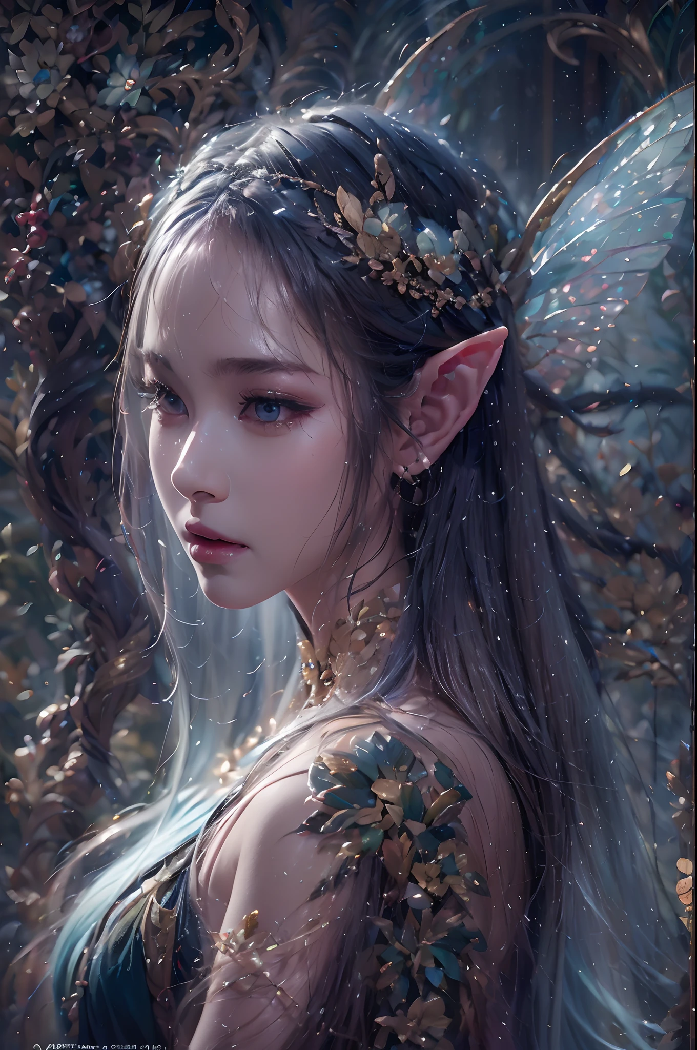 ( Absurd, High quality, Ultra-detailed, Masterpiece, concept-art, smooth, high detail artwork, Hyper-realistic painting ) , elf, Plum elf, plum , Transparent fairy wings, huge tit，low chest，fairytale-like, Romantic, Vivid, Whole body,hand behind back，Malu，In nature with waterfalls，pureerosface_v1，ulzzang-6500-v1.1，