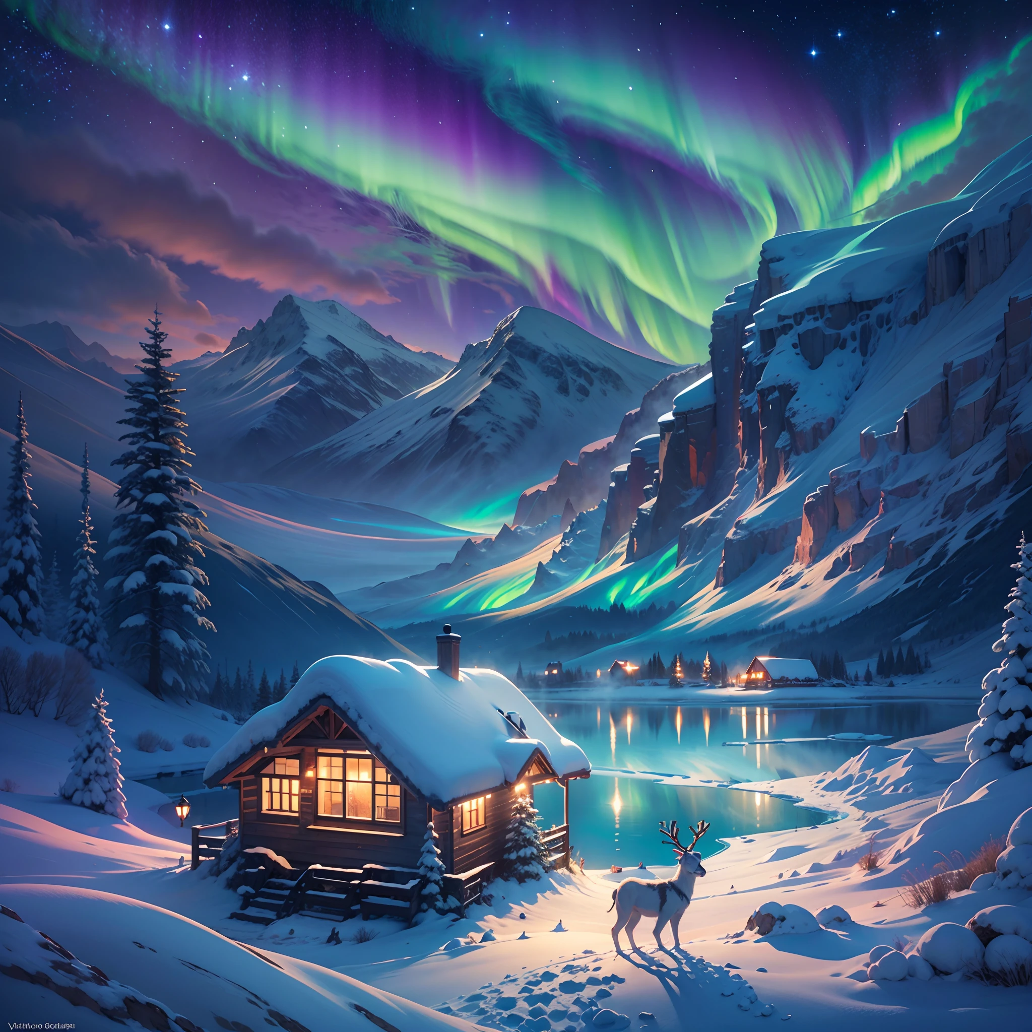 Best quality,A high resolution,(Masterpiece:1.2),Ultra-detailed,Northern Lights, Towering snow-capped mountains, cottage house covered in snow,A snowy hideaway, reindeer,yukito,sled,Winter wonderland,Vibrant colors, ​​clouds,Mist,themoon,galaxias, Breathtaking landscapes, Icy cliffs, Frozen lake, peacful, Majestic beauty, Starry night, ethereal glowing, A miracle of nature, Peaceful solitude, Celestial wonders, vast, Natural phenomena, Silent night, Serene reflection, glittering stars, Mysterious charm