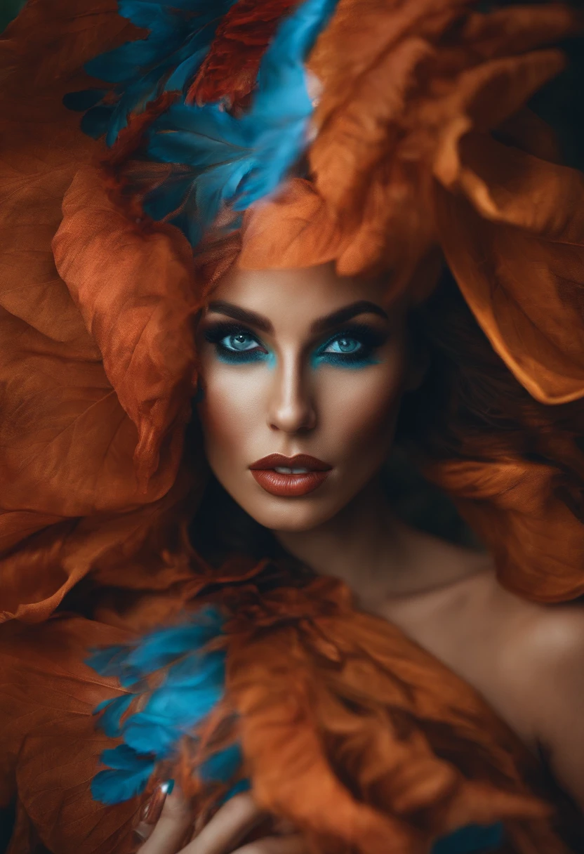 A close up of a woman with a large orange feathered headdress - SeaArt AI