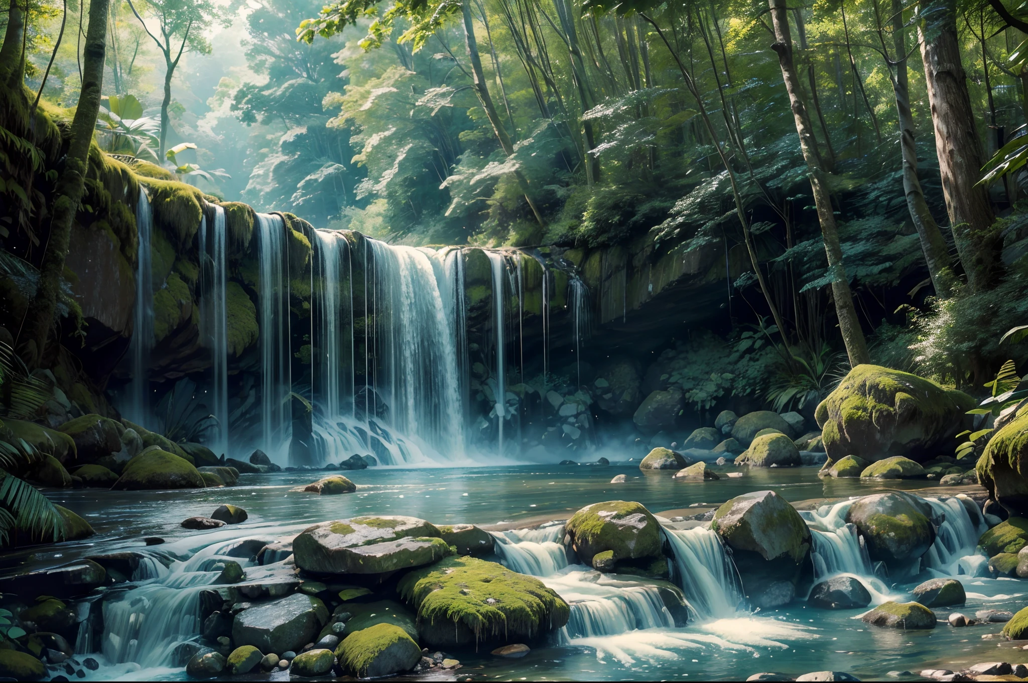 (best quality,4k,8k,highres,masterpiece:1.2),ultra-detailed,(realistic,photorealistic,photo-realistic:1.37),waterfall,surrounded by lush greenery and trees,majestic and powerful streams of water,cascading down the rocky cliffs,vibrant and clear water,sparkling in the sunlight,dancing rainbows forming in the mist,fresh and crisp air with a hint of moisture,the soothing sound of water crashing against the rocks,a serene and peaceful atmosphere,tranquil and untouched natural beauty,nature in its purest form,soft rays of sunlight filtering through the leaves,illuminating the surroundings,intricate details of the moss-covered rocks,splashes of water creating a sense of movement,surrounded by a dense forest,with tall trees reaching towards the sky,a hidden gem in the midst of nature,pure and refreshing,an escape from the hustle and bustle of daily life,a place of tranquility and rejuvenation,perfect harmony between water and nature,a masterpiece of Mother Nature unfold in front of your eyes.