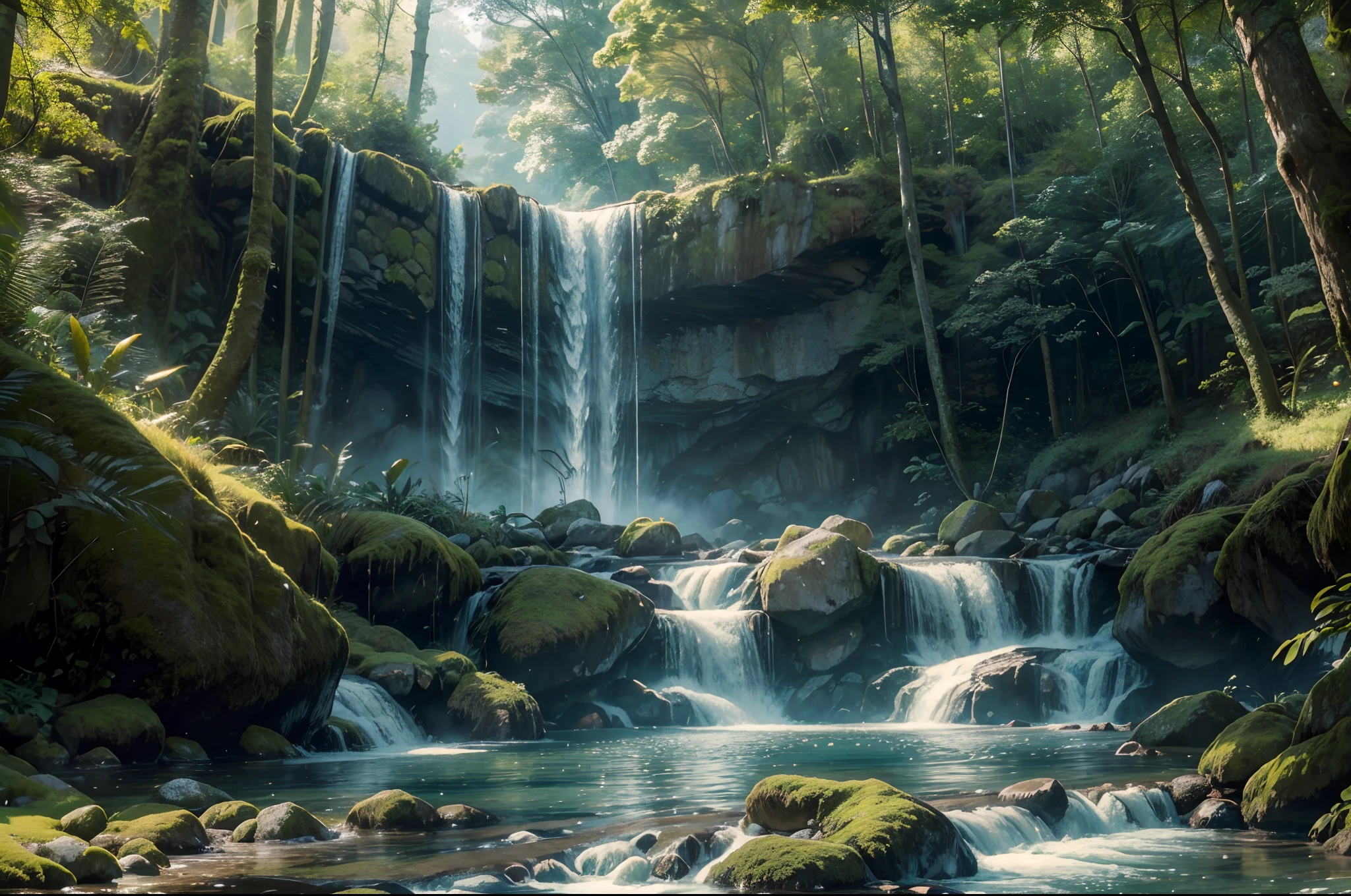 (best quality,4k,8k,highres,masterpiece:1.2),ultra-detailed,(realistic,photorealistic,photo-realistic:1.37),waterfall,surrounded by lush greenery and trees,majestic and powerful streams of water,cascading down the rocky cliffs,vibrant and clear water,sparkling in the sunlight,dancing rainbows forming in the mist,fresh and crisp air with a hint of moisture,the soothing sound of water crashing against the rocks,a serene and peaceful atmosphere,tranquil and untouched natural beauty,nature in its purest form,soft rays of sunlight filtering through the leaves,illuminating the surroundings,intricate details of the moss-covered rocks,splashes of water creating a sense of movement,surrounded by a dense forest,with tall trees reaching towards the sky,a hidden gem in the midst of nature,pure and refreshing,an escape from the hustle and bustle of daily life,a place of tranquility and rejuvenation,perfect harmony between water and nature,a masterpiece of Mother Nature unfold in front of your eyes.