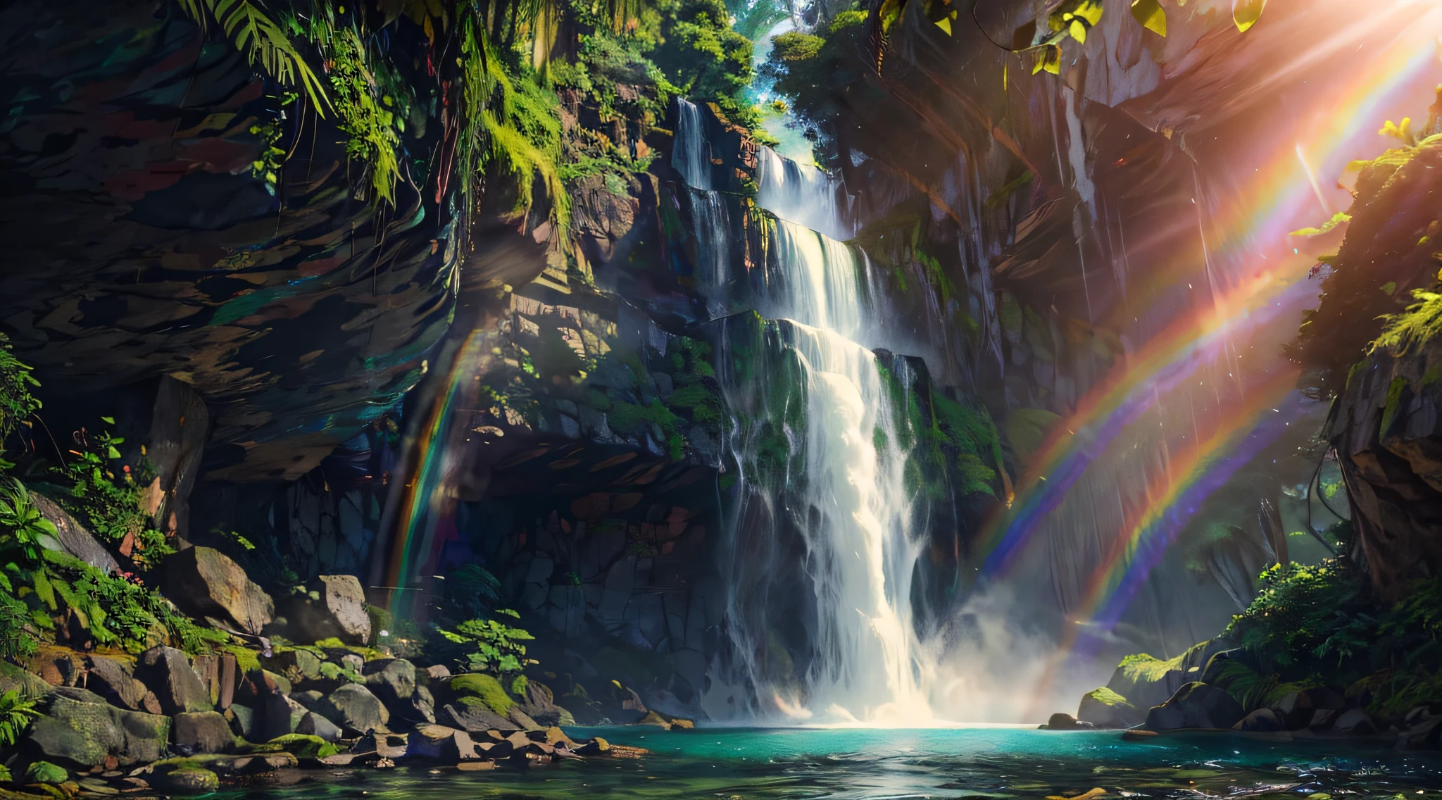 Uma majestosa cachoeira caindo em um penhasco rochoso, luz solar filtrando através da névoa, criando arco-íris no spray, exuberante floresta tropical ao redor da cachoeira, uma atmosfera tranquila e serena, fotografia, câmera DSLR com uma lente grande angular, f/8 abertura