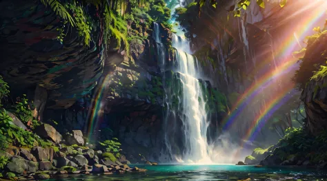 A majestic waterfall cascading down a rocky cliff, sunlight filtering through the mist, creating rainbows in the spray, lush tro...