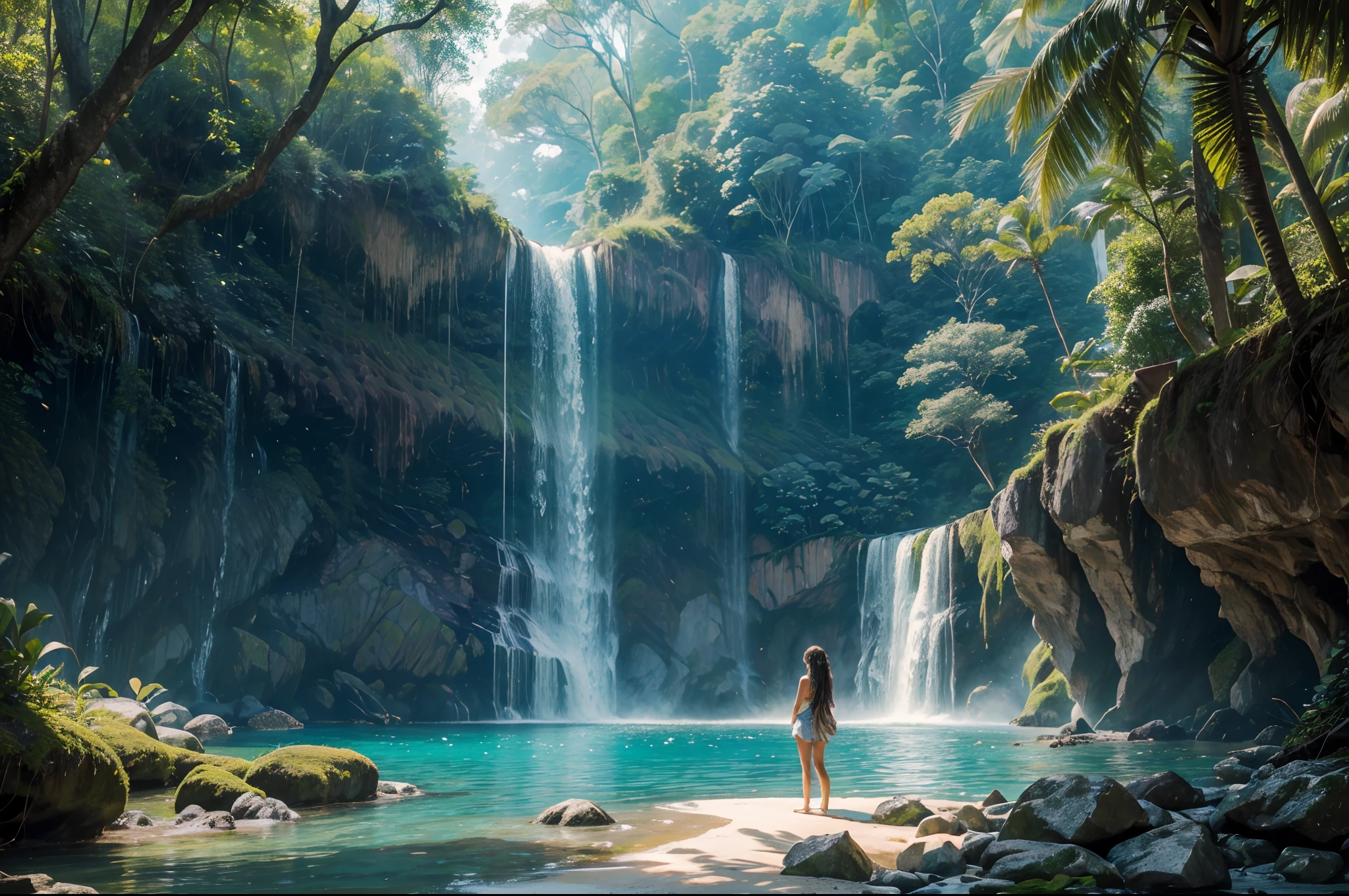 (best quality,4k,8k,highres,masterpiece:1.2),ultra-detailed,realistic,magnificent,adventurous,beautiful,majestic,natural wonder,scenic,serene,tropical,cascading waterfalls,clear blue water,misty,hazy,vibrant greenery,emerald pools,refreshing breeze,lush vegetation,steep cliffs,roaring water,hidden gem,spectacular view,spray of water,dappled sunlight,exploring the jungle,wandering pathways,waterfall hike,jaw-dropping,tranquil atmosphere,vivid colors,nature's masterpiece