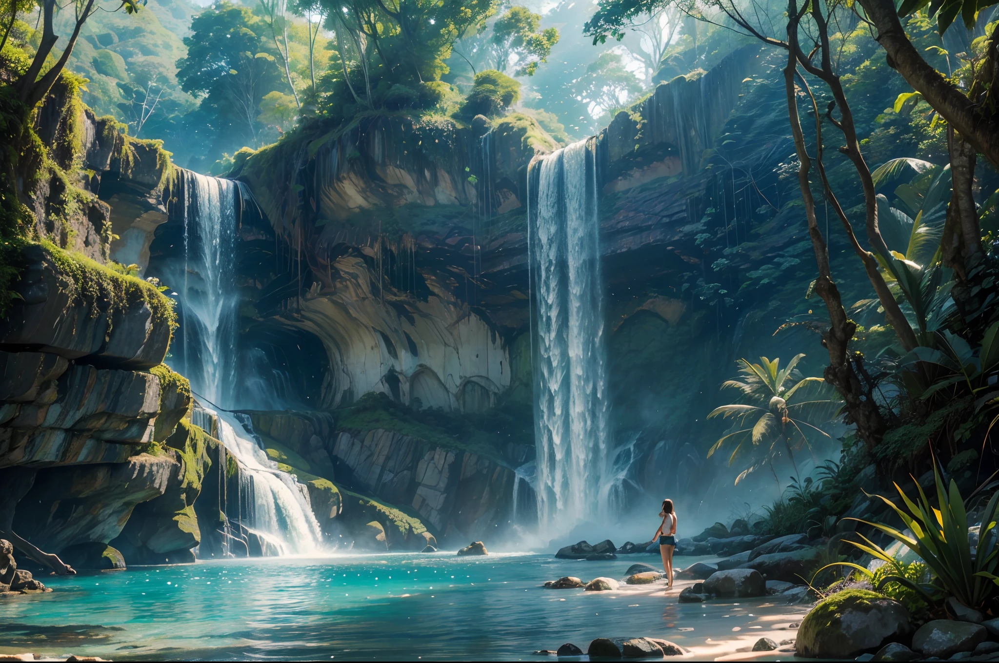 (best quality,4k,8k,highres,masterpiece:1.2),ultra-detailed,realistic,magnificent,adventurous,beautiful,majestic,natural wonder,scenic,serene,tropical,cascading waterfalls,clear blue water,misty,hazy,vibrant greenery,emerald pools,refreshing breeze,lush vegetation,steep cliffs,roaring water,hidden gem,spectacular view,spray of water,dappled sunlight,exploring the jungle,wandering pathways,waterfall hike,jaw-dropping,tranquil atmosphere,vivid colors,nature's masterpiece