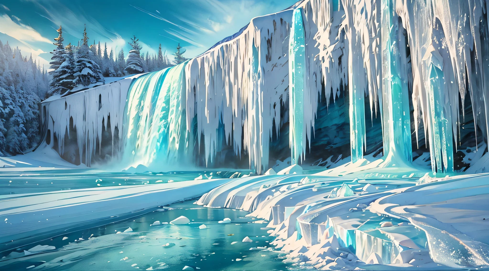 Frozen Canadian Waterfall, A breathtaking spectacle of nature, a frozen cascade of crystalline ice towers in Canada. Surreal. Majestic, with an air of grandeur. Pristine, glacial, shimmering ice, transforming the scene into a frozen wonderland.