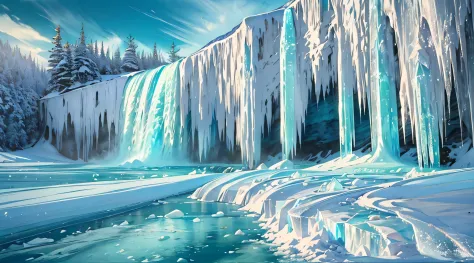Frozen Canadian Waterfall, A breathtaking spectacle of nature, a frozen cascade of crystalline ice towers in Canada. Surreal. Ma...
