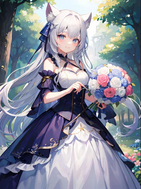 (tmasterpiece、top-quality、illustratio、Extremely high quality、high-level image quality、Extremely sensitive writing)Girl with long silver hair standing in beautiful flowery garden、A slight smile、beast ear，standing on your feet，full bodyesbian，She has a large...
