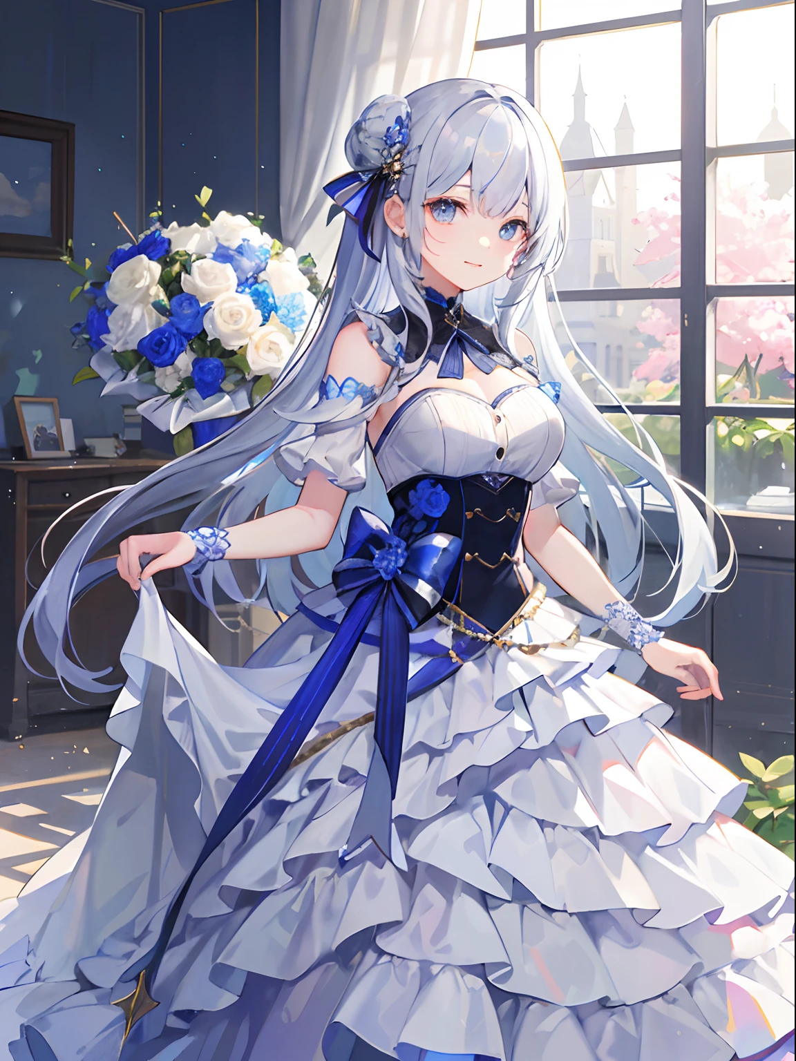 (tmasterpiece、top-quality、illustratio、Extremely high quality、high-level image quality、Extremely sensitive writing)Girl with long silver hair standing in beautiful flowery garden、A slight smile、beast ear，standing on your feet，full bodyesbian，She has a large bouquet、Lovely dress，There are ruffles on the shoulders、Trimmed skirt，Pattern，Translucent frontal photo