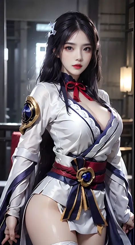 Photorealistic, high resolution, 1 girl, White long hair, Beautiful eyes, normal breast, Raiden General costume