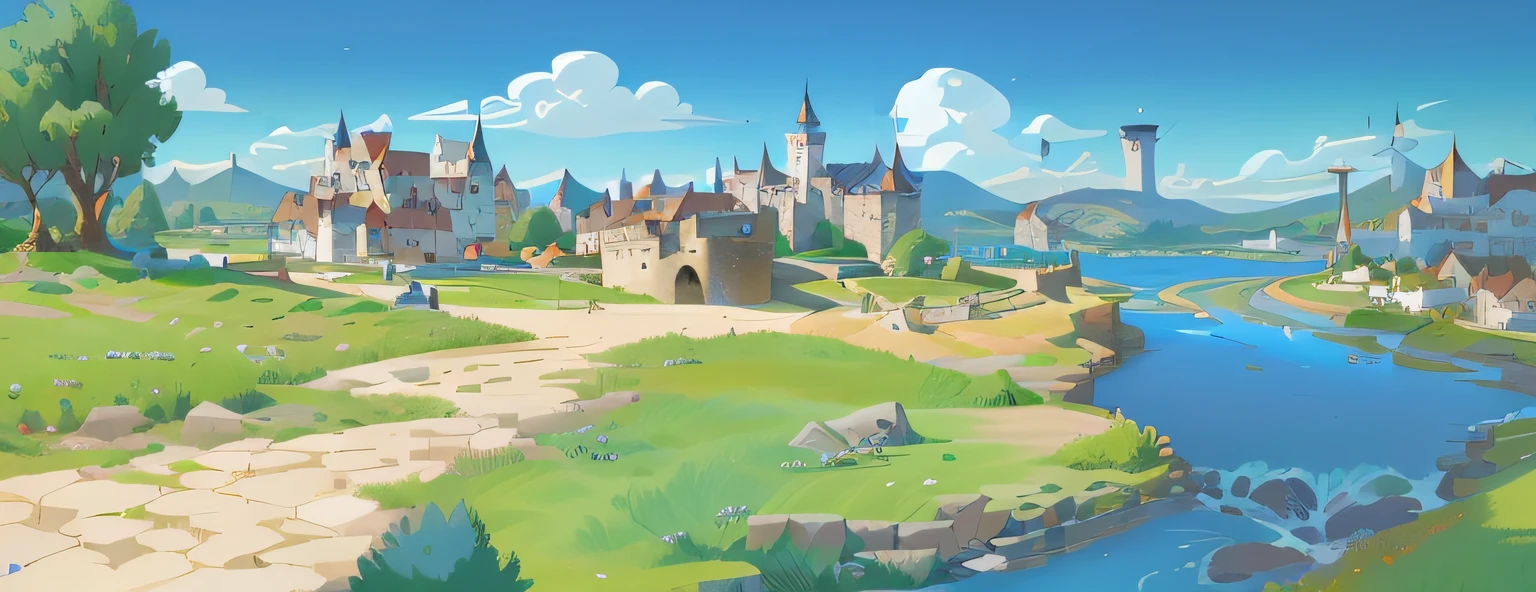 Cartoon illustration of a small village with a river and a bridge, town background, Mobile game background, distant village background, medieval city background, town center background, Mobile game art, renaissance port city background, town in the background, medieval town landscape, tavern background, Castle background, arte de fundo, background fortress, Medieval Castle Background, Game illustration, fairy tale style background