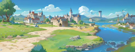 Cartoon illustration of a small village with a river and a bridge, town background, Mobile game background, distant village back...