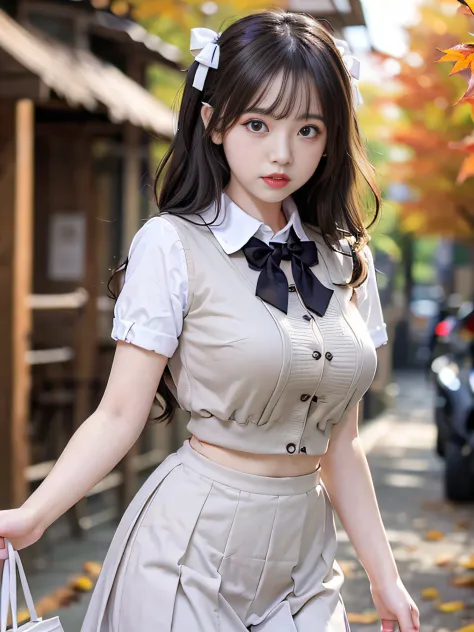 RAW image quality、8K分辨率、Ultra-high-definition CG images、Autumn leaves at night🍁、Moonlight、16-year-old beautiful girl、Detailed beautiful eyes。(Twin-tailed black hair:1.4), (White ribbon to stop hair:1.4), (Platinum Silver Accessories:1.4)、(White School Unif...