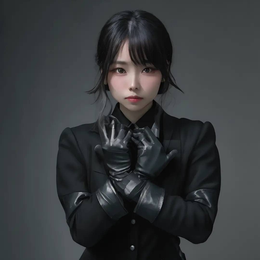 Young Japan woman lifting black suit onto shirt, Black leather gloves worn on both hands, Hands of woman in black suit and black...