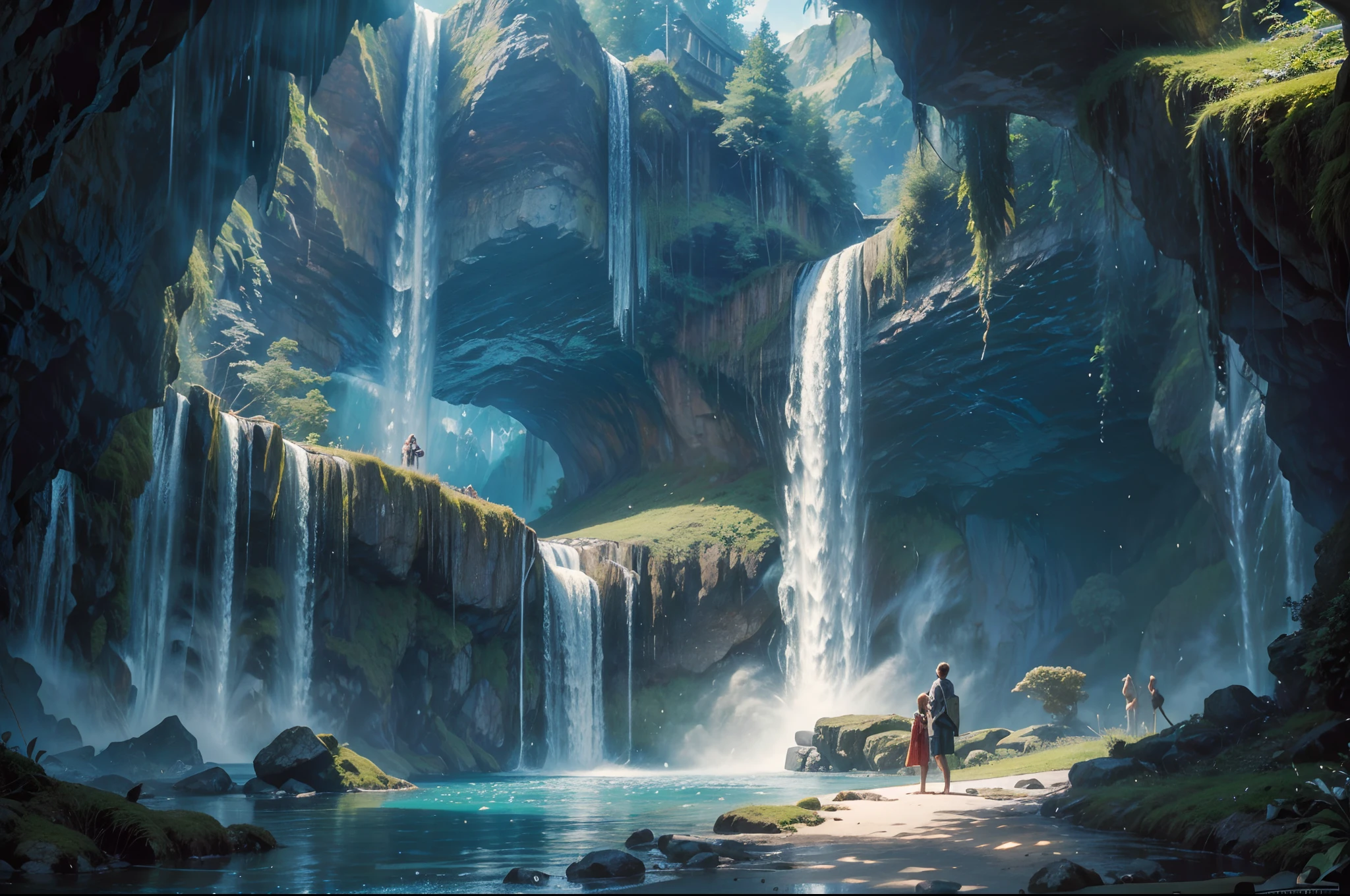 (best quality, 4k, high resolution), (masterpiece: 1.2), (ultra detailed: 1.3), (realistic: 1.4), landscape,there is a waterfall coming out of a cave into a river, waterfall cave, cave with waterfall, inside a waterfall, in a cave with the waterfall, alien waterfall, under a waterfall, solitude under a waterfall, under waterfall, standing inside a waterfall, waterfall below, portal to another world, waterfall falling into a lake, next to a waterfall, waterfall falling down