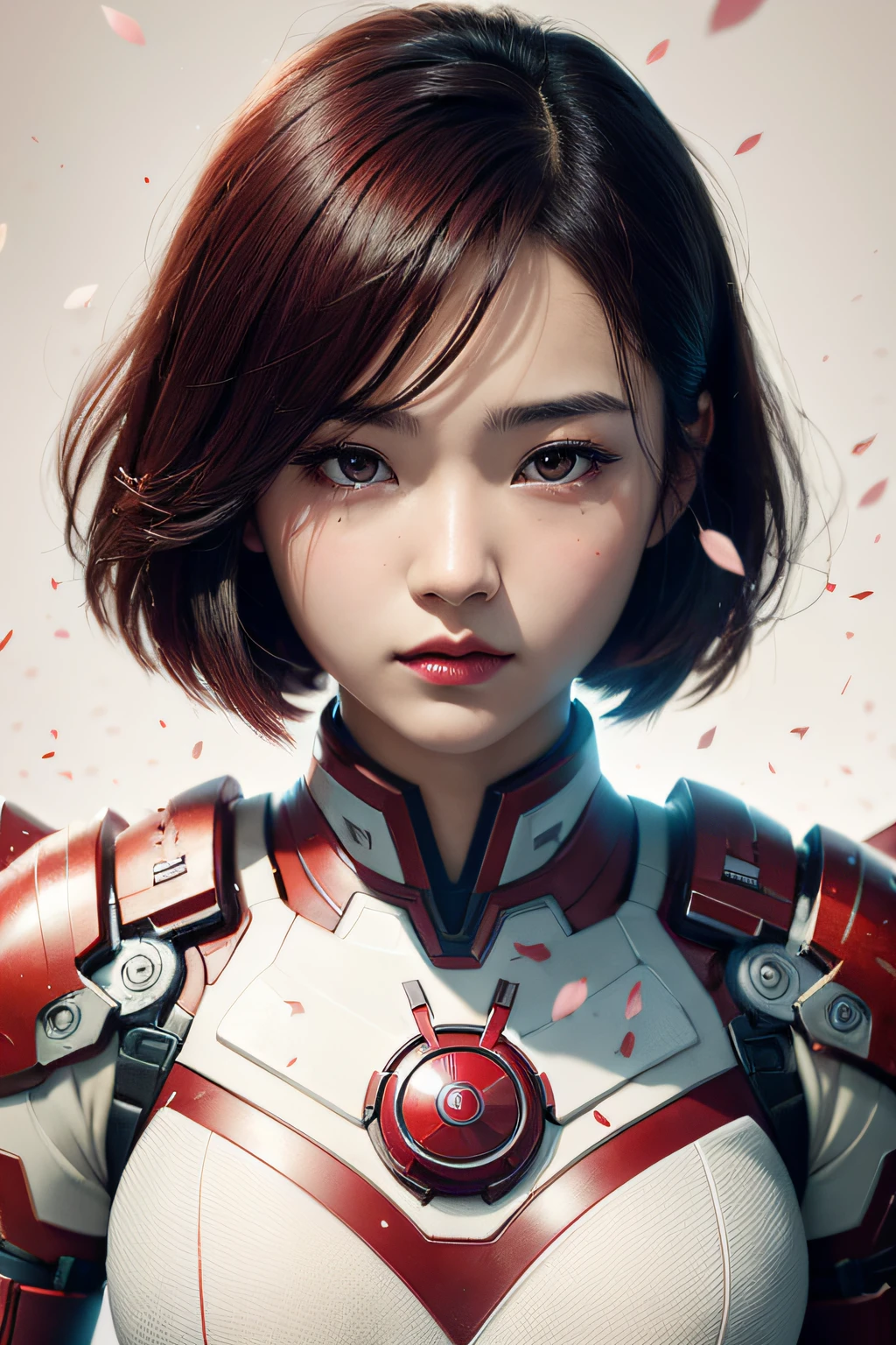 beautiful japanese young woman, wearing ironman armor, thick symmetrical features, very short hair, background is cherry blossoms, pink aura, red lips, octane render,