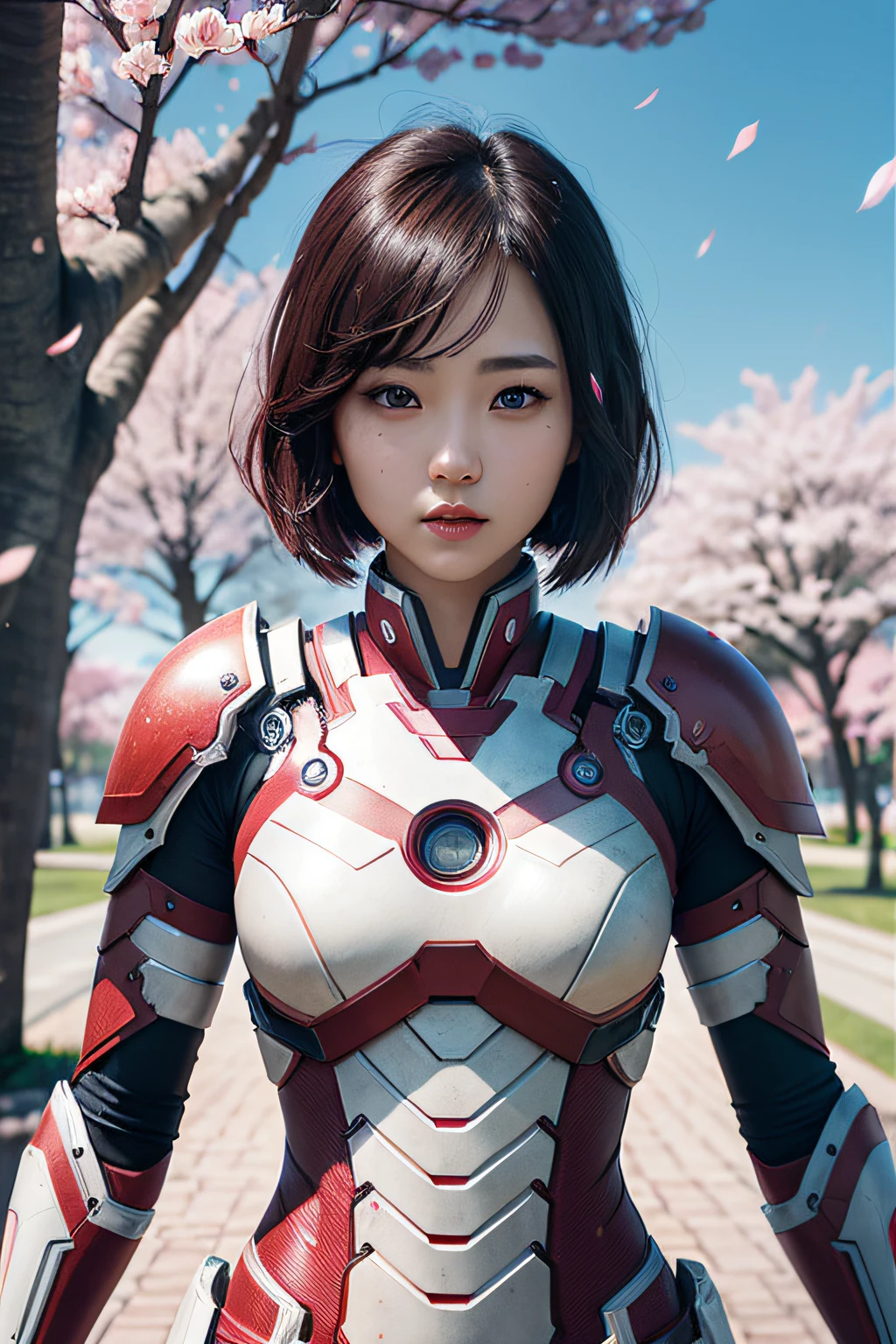 beautiful japanese young woman, wearing ironman armor, thick symmetrical features, very short hair, background is cherry blossoms, pink aura, red lips, octane render,