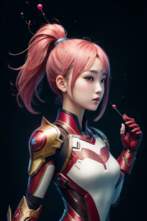 beautiful japanese young woman, wearing ironman armor, thick symmetrical features, very short hair, background is cherry blossom...