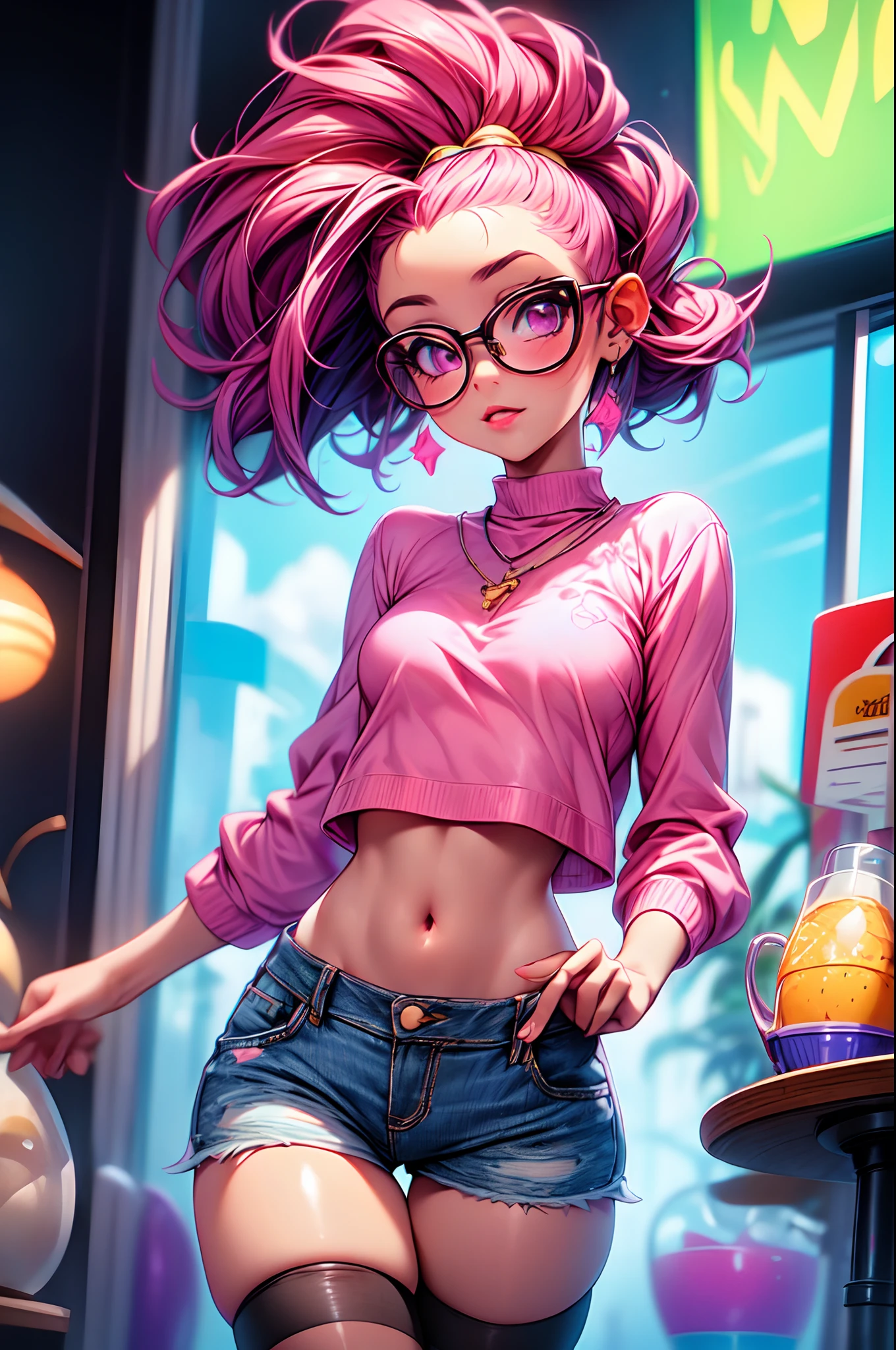 dreamlike, low angle shot, Best quality, Beautiful detailed, 1girl, medium breasts, small hips, pink eyes, multicolor hair, crop top, denim shorts, bedroom, striped thighhighs,pervert, , glasses,