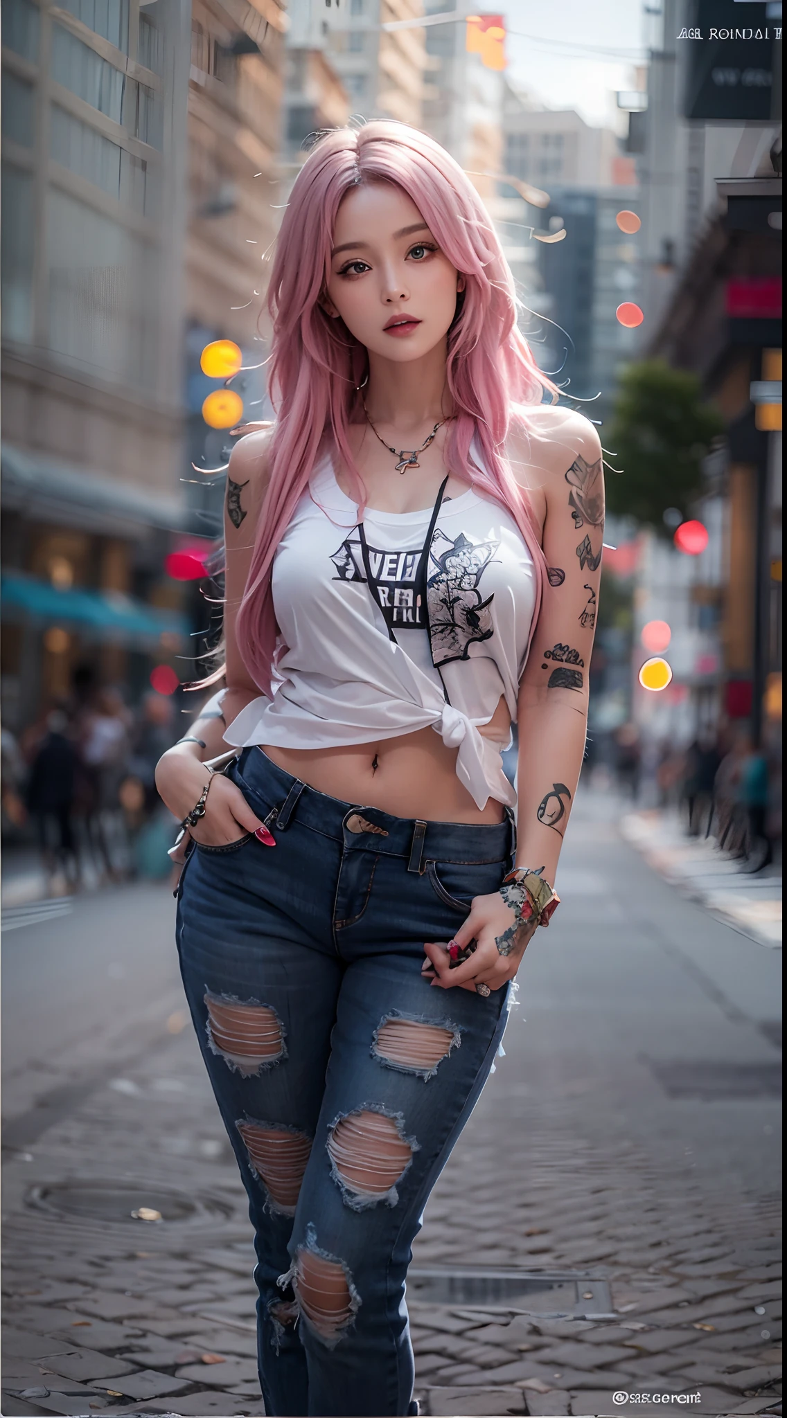 photorealistic, high resolution, soft lights, 1women, 25 years old, solo, hips up, blue eyes, pink hair, long hair, jewelry, tattoo, street wear