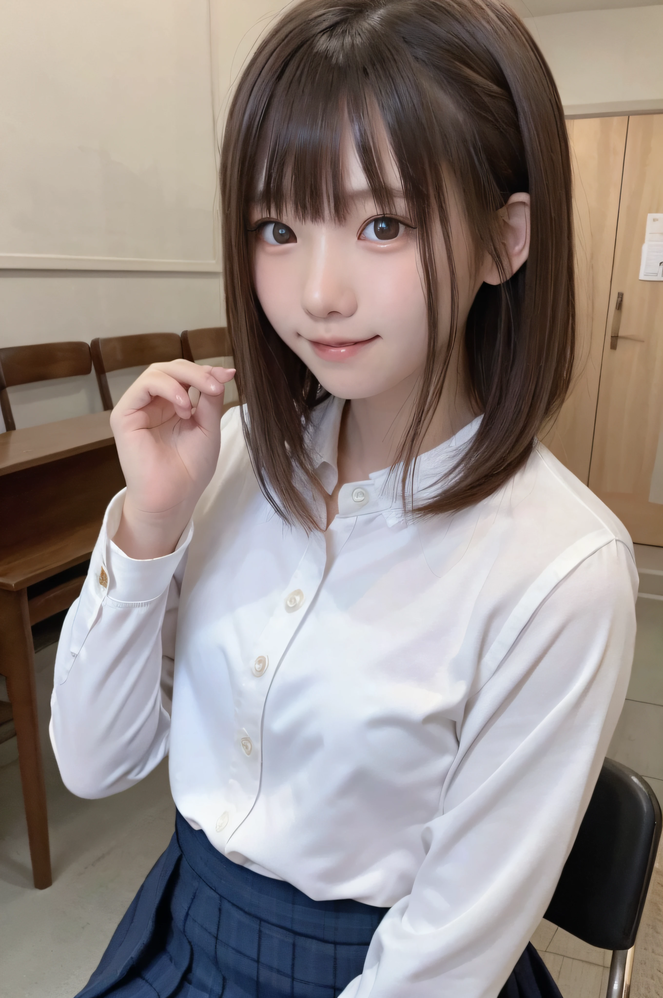 Completely immaculate background、White back、15yo student、soio、brown haired、beautidful eyes、real looking skin、hi-school girl、small tits、tiny chest、(8K、​masterpiece)、(reallistic、Photorealsitic)、top-quality、ighly detailed、The ultra-detailliert、Beautie、cute little、japanes、a smile、Close-up portrait、Healthy face、School uniform、Cardigan、plaid skirts