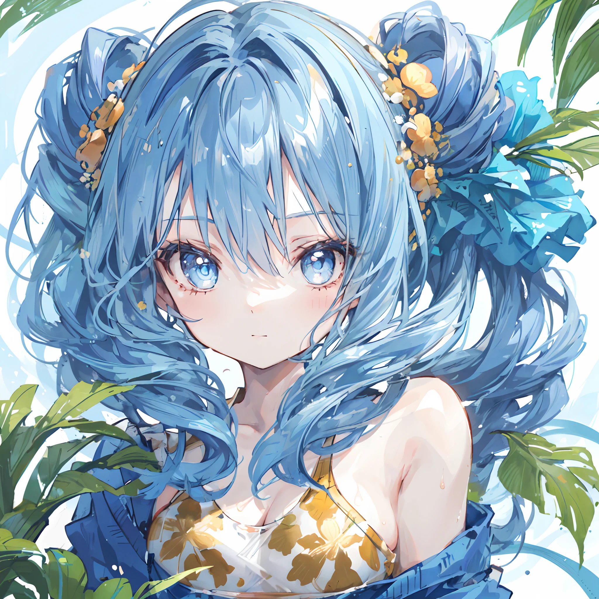 1girl,jungle,:|,beehive hairdo,eye reflection,casual one-piece swimsuit,blue theme hair,