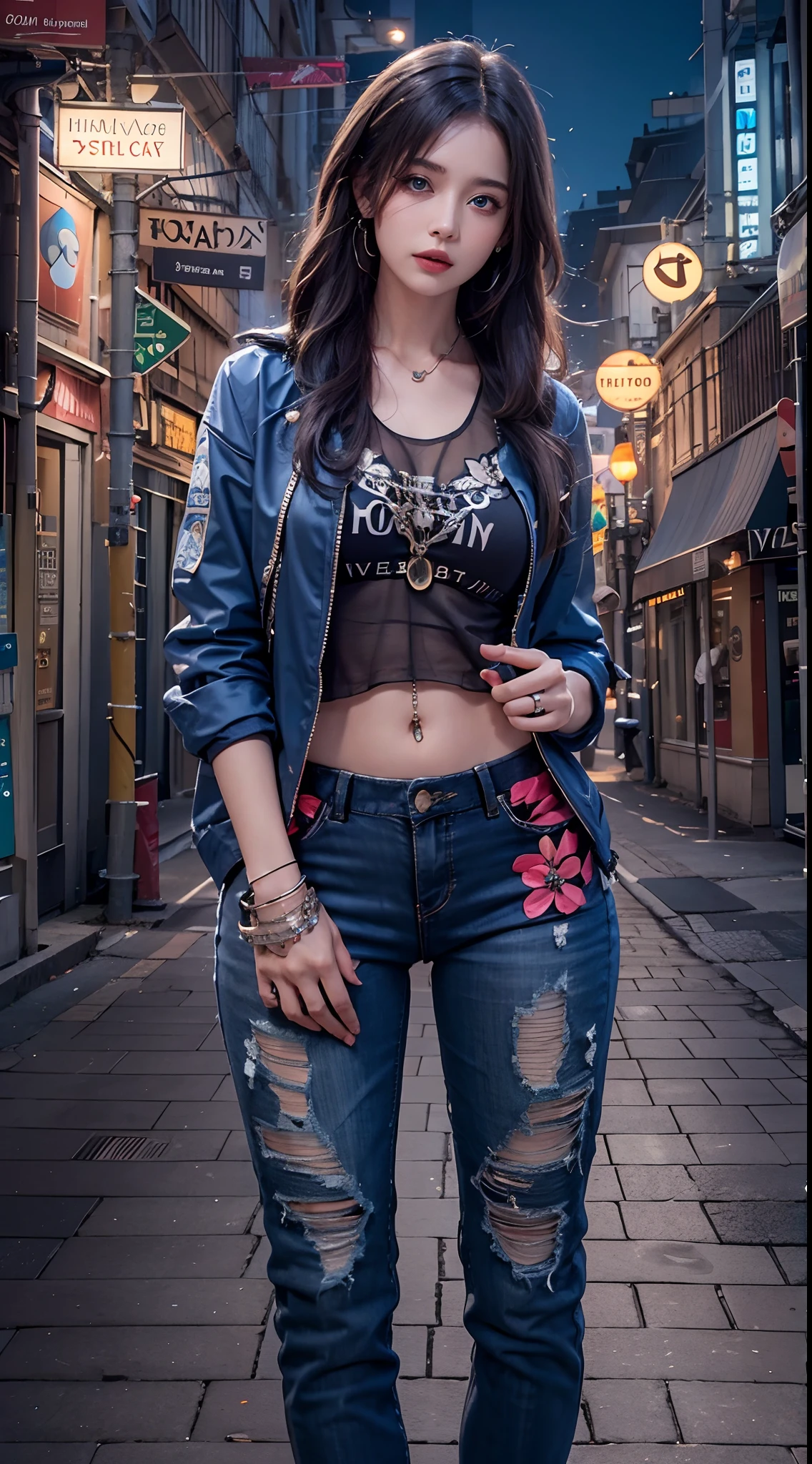 photorealistic, high resolution, soft lights, 1women, 25 years old, solo, hips up, blue eyes, vlack hair, long hair, jewelry, tattoo, street wear