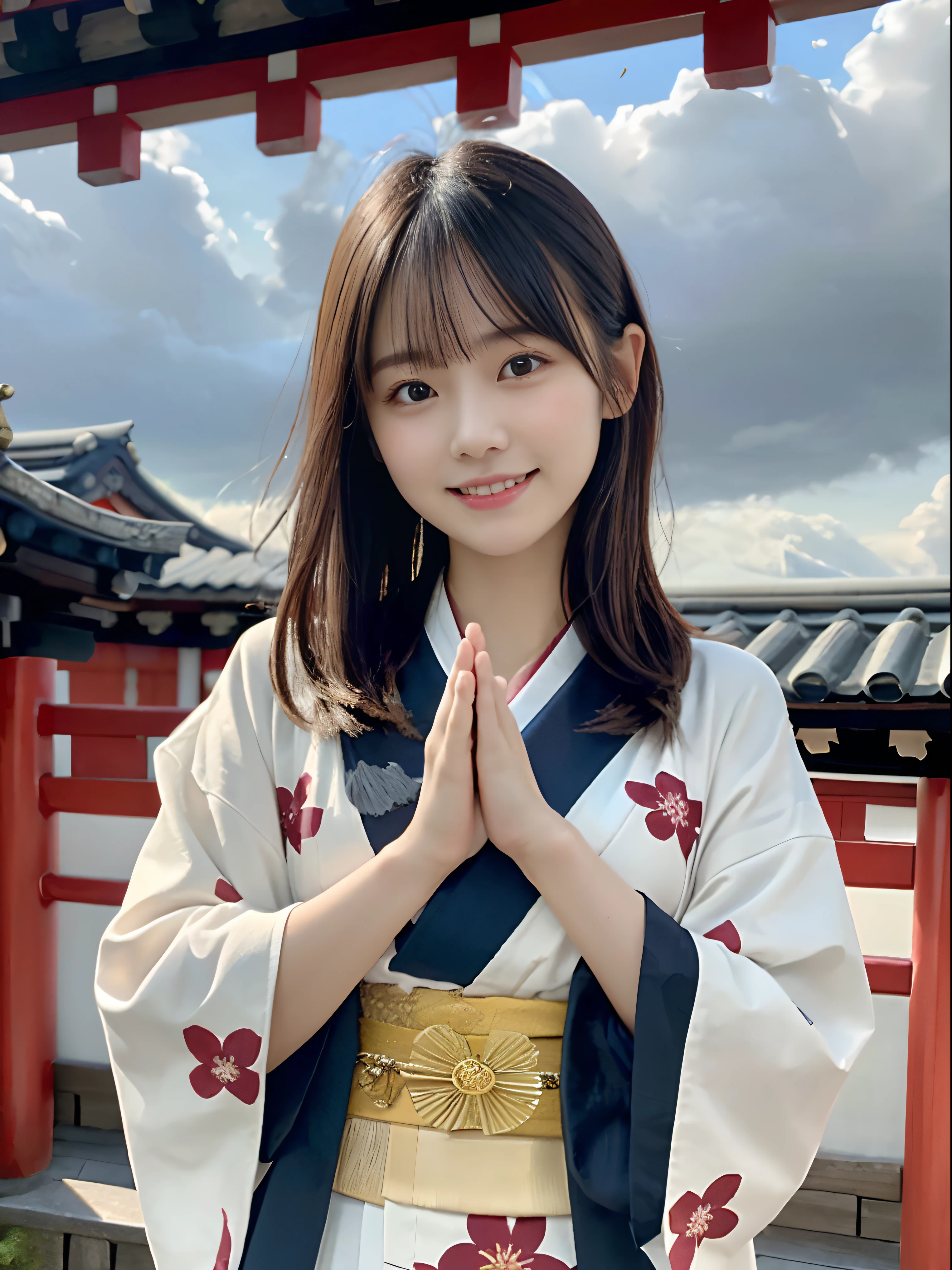 (Close up portrait of girl with dull bangs dumpling hair in beautiful glamorous kimono:1.5)、(One of the girls worshipping the shrine of Japan with a smile:1.3)、(A shrine in Japan with a winter sky:1.5)、(Perfect Anatomy:1.3)、(No mask:1.3)、(complete fingers:1.3)、Photorealistic、Photography、masutepiece、top-quality、High resolution, delicate and pretty、face perfect、Beautiful detailed eyes、Fair skin、Real Human Skin、pores、((thin legs))、(Dark hair)