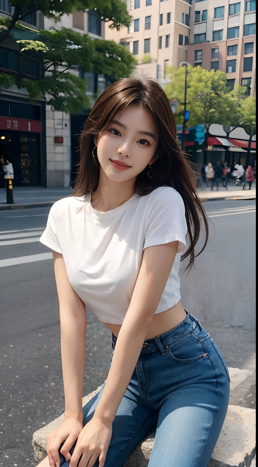 (masterpiece), a stunning photograph of korean girl model, full body, 8k, raw photo, looking at viewer, (highly detailed skin:1.2), small breasts, slim body, brown hair, (photorealistic:1.4), white shirt, blue jeans, solo, jewelry, earrings, (looking at viewer), long hair, brown eyes, portrait, realistic, smile, makeup, outside on the streets, different poses