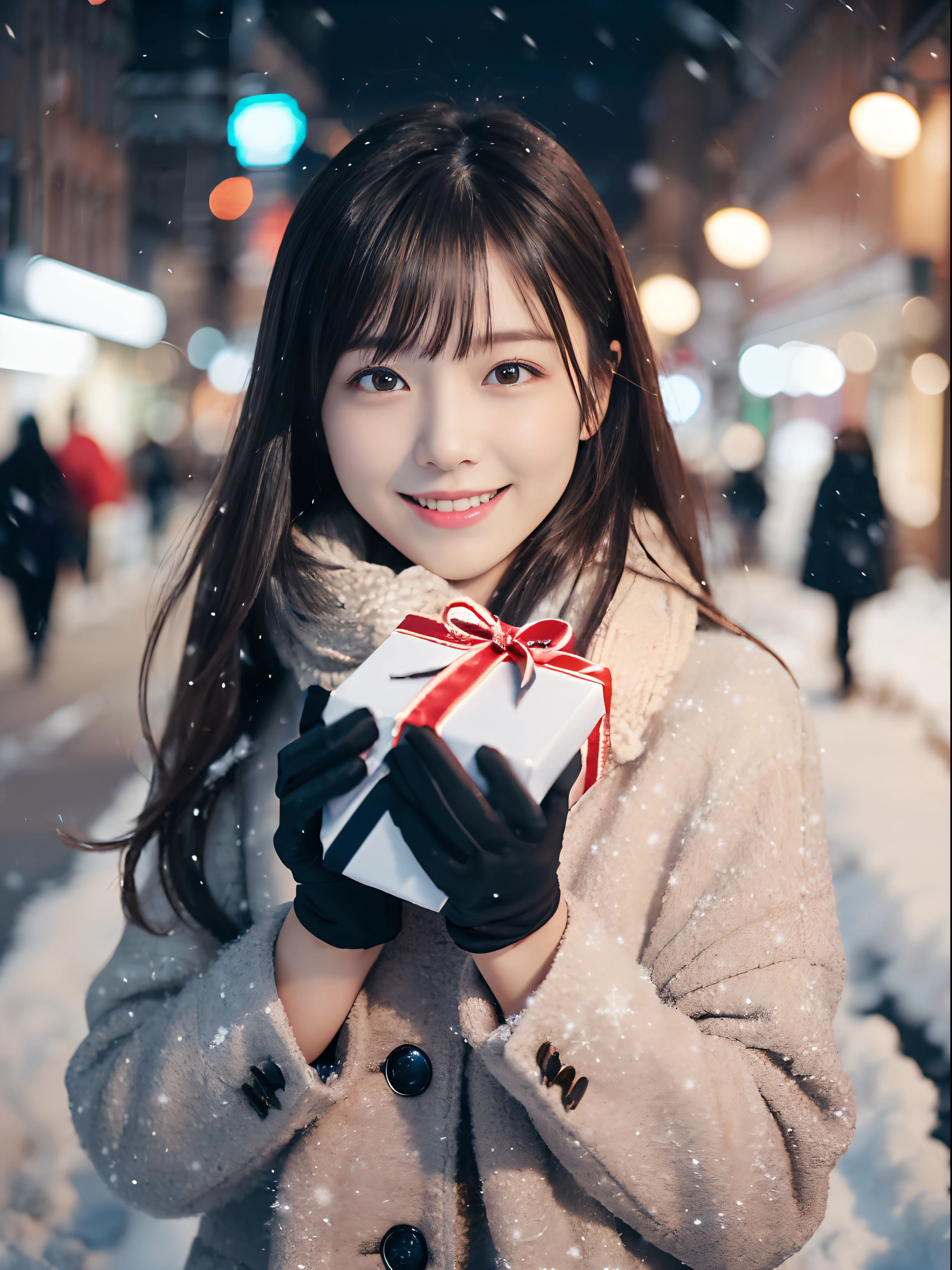 (A close-up of one girl is、Has long hair with dull bangs in a winter uniform and scarf coat:1.5)、(One girl with a shy smile、Holding a gift box with gloves in hand:1.5)、(Snowy winter night street corner and Christmas lights:1.5)、(Perfect Anatomy:1.3)、(No mask:1.3)、(complete fingers:1.3)、Photorealistic、Photography、masutepiece、top-quality、High resolution, delicate and pretty、face perfect、Beautiful detailed eyes、Fair skin、Real Human Skin、pores、((thin legs))、(Dark hair)